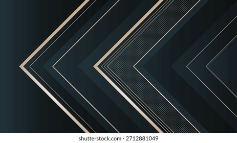 Fundo geométrico escuro elegante com linhas de ouro, formas de seta em camadas e destaques de meio-tom sutis. Ideal para marcas de luxo, projetos de negócios, cartazes, capas e layouts premium.