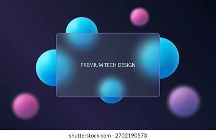 Elegante fondo degradado oscuro con esferas luminosas azules y violetas y un rectángulo central de vidrio esmerilado con estilo de diseño tecnológico.