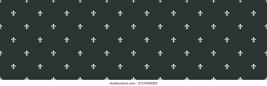 Fundo cinza escuro elegante com um padrão repetido de símbolos de fleurdelis prata dispostos em uma grade de diamante. Este design sofisticado evoca sentimentos de realeza, herança e estilo clássico.