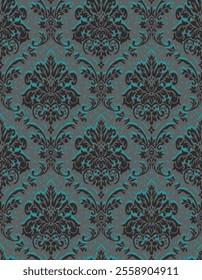 Elegant Dark Gray Damask Pattern with Teal Accents