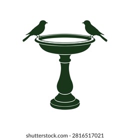 Elegant dark green bird bath with two charming bird silhouettes offers a serene garden design element