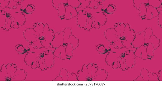 Elegant dark pink floral pattern on a vibrant fuchsia background.  A minimalist line art design, perfect for fashion, textiles, or website backgrounds.