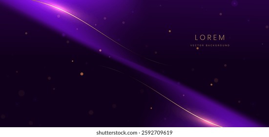 Elegant dark purple background with purple curved ray and gold lighting effect sparkle. Template premium award design. Vector illustration