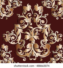 Elegant dark red  baroque damask floral vector seamless pattern background wallpaper illustration with vintage gold 3d antique medieval flowers and ornaments.