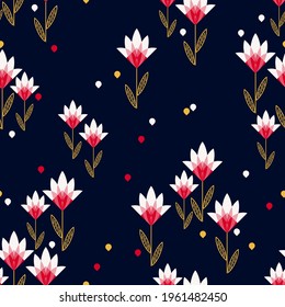 elegant dark seamless pattern with abstract flowers. red-pink-white abstract flowers and yellow stems with leaves randomly arranged on a dark background. vector