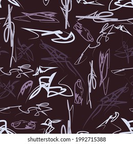 elegant dark seamless pattern. gray, beige, pink abstract contours stylized as autographs are randomly arranged on a dark brown background. vector 