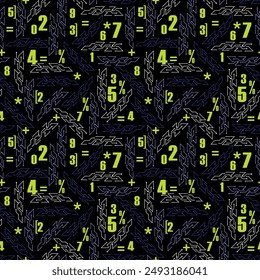 Elegant dark seamless pattern on the theme of mathematics. Numbers and geometric elements are randomly located on the surface. Template for your projects. Vector.
