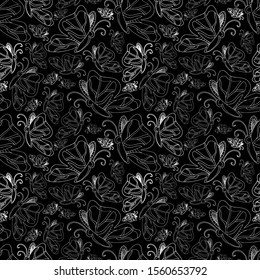 Elegant dark seamless pattern outline butterflies.Vector insects print.Hand drawn backdrop.Design for textile,wrapping paper,wallpaper,fabric,fill, scrapbooking.Holidays greeting card.Packaging desing