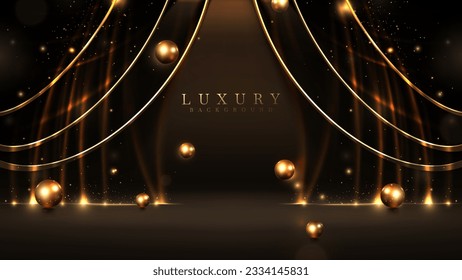 Elegante dunkle Bühnenszene mit goldener heller Dekoration und Bokeh mit Kugelelementen. Schwarzes, luxuriöses Hintergrunddesign.