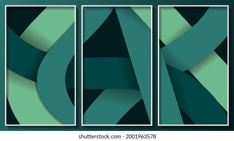 elegant dark striped triptych with 3D effect. overlapping smooth stripes of green tones on a black background. three images in white thin frames. vector 