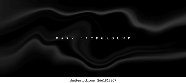 Elegante fundo de vetor escuro com ondas suaves de fluxo preto e gradientes sutis, ideal para temas de design de luxo, modernos ou mínimos.
