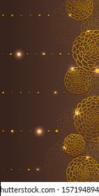 Elegant dark vertical flyer with golden marigolds and horizontal align golden drops. Shining gold. Vector illustration in hand drawn style