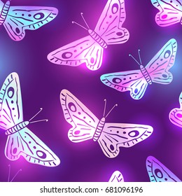 Elegant dark violet seamless pattern with neon shining butterflies. Summer night background with white, pink and blue fluorescent moths. Textile, clothing, phone case, t-shirt, product package design