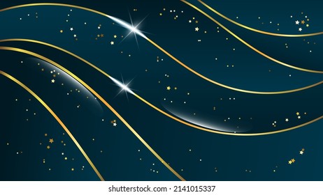 Elegant dark wallpaper. Golden stars and wavy stripes against a surface of smooth shapes in azure tones. Template for your projects. Vector. 