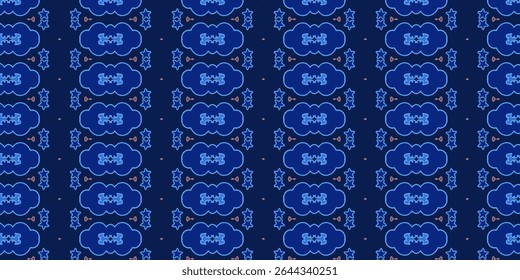 Elegant dark-blue seamless pattern of bright blue clouds and pink stars with a soft glowing effect. Suitable for elegant, space, fantasy, and decor themes.
