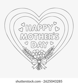 elegant mother’s day card design with concentric heart frame and floral bouquet for coloring activities vector art