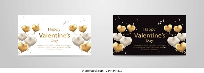 Elegant Valentine’s Day Card Template with Gold and Silver Heart Balloons – Light and Dark Versions