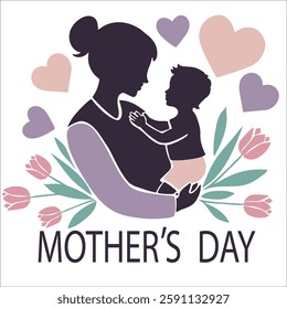 Elegant Mother’s Day illustration featuring a loving mother holding her child, surrounded by hearts, tulips, and a warm, celebratory message