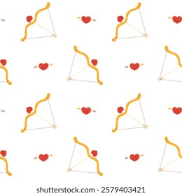 Elegant Valentine’s Day illustration with a seamless pattern of hearts, arrows, and bows. Ideal for textiles or gift wraps. Romantic and timeless motif on white background