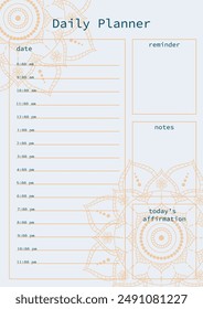 Elegant day planner with mandala design. Includes sections for date, hourly schedule, reminders, notes and daily confirmations.