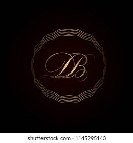 Elegant DB calligraphic monogram in a wire frame.Golden lettering vector icon.Luxury style logo.