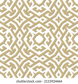 Deco elegante sin fisuras. Hermosos adornos dorados de fondo blanco. El estilo étnico tribal griego se repite en un contexto estructurado. Decorativo diseño geométrico aislado. Textura sin fin.