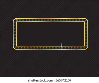 Elegant deco style frame with rounded corners, made from glowing emeralds set in a two-layer gold channel setting, isolated on black background. Vector EPS-10 file, transparency used. 