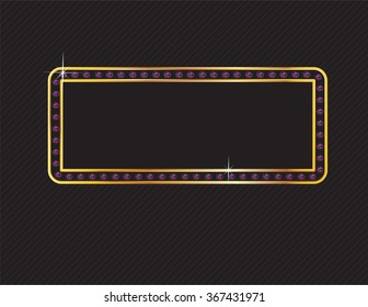 Elegant deco style frame with rounded corners, made from glowing amethyst gems set in a two-layer gold channel setting, isolated on black background. Vector EPS-10 file, transparency used. 