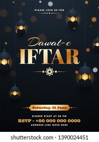 Elegant decoration of illuminated lanterns on gray background with calligraphy text of "Dawat-E-Iftar" poster or template design with details for Muslim community festival celebration.
