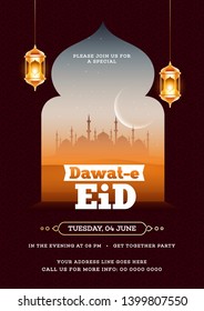 Elegant decoration of illuminated lanterns on white background with calligraphy text of "Dawat-e-eid" poster or template design with details for Muslim community festival celebration.