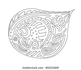 Elegant decorative abstract water drop. Black and white tracery with large amount of details. Ready for coloring, it also may be used for coloring book, page.