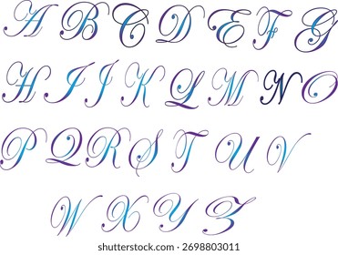 Elegant decorative alphabet design featuring stylish uppercase cursive letters in a gradient blue and purple color scheme.