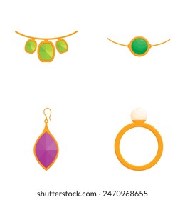 Elegant and decorative assorted jewelry icons set with earrings. Rings. Necklaces. Pendants. Gemstones. And more in vector illustration. Perfect for fashion accessories. Isolated on a white background