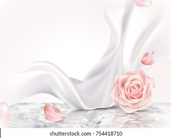 Elegant decorative background, roses petal and pearl white chiffon elements on marble table in 3d illustration