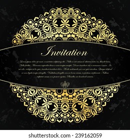 Elegant decorative black  invitation card with gold ornament and calligraphic inscription. Vector illustration.