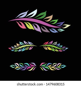 Elegant Decorative Colored Laurel Set. Hand Drawn Floral Sketch Leaves Ornaments on Black Background