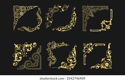 Elegantes adornos decorativos de la esquina fijados en Vector de oro EPS para los marcos de Antiguas y los Elementos de diseño de borde clásicos