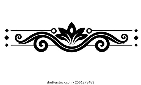 Elegant Decorative Divider Line with Symmetric Ornamental Border, Featuring Floral Motif and Abstract Flourish Filigree Elements