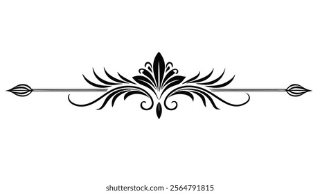 Elegant Decorative Divider Line with Symmetric Ornamental Border, Featuring Floral Motif and Abstract Flourish Filigree Elements