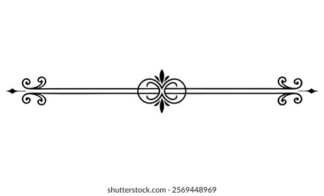 Elegant Decorative Divider Line with Symmetric Ornamental Border, Featuring Floral Motif and Abstract Flourish Filigree Elements