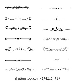 Elegant decorative divider lines set. Vintage ornamental flourish borders collection. Classic swirl separators vector illustration.