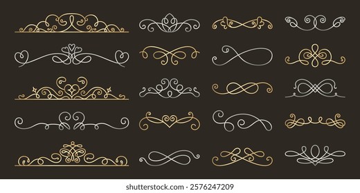 Elegant decorative dividers with intricate swirls and flourishes. Gold and silver ornate designs, perfect for invitations and borders. Classic ornamental elements. Hand drawn ornament vector set.