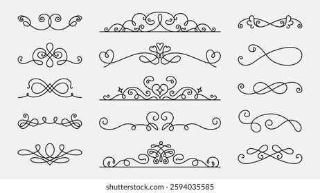 Elegant decorative dividers with intricate swirls and flourishes. Perfect for invitations, decorative designs, and ornate embellishments. Swirls and flourishes galore. Hand drawn ornament vector set.