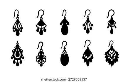 Elegant decorative earring silhouette vector illustration with various chandelier drop designs and floral jewelry patterns for fashion branding assets