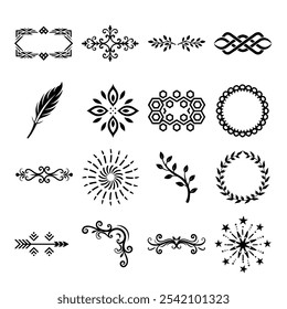 Elegant Decorative Element Collection – Set of 16 Black and White Ornaments and Floral Accents