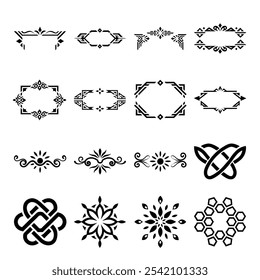 Elegant Decorative Element Collection – Set of 16 Black and White Ornaments and Floral Accents