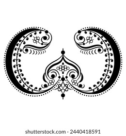 Elegant decorative element in vintage style. Black and white silhouette. Calligraphic vignette with abstract floral motifs. Medieval Russian folk style.