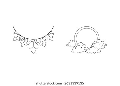 Elegant decorative elements with floral mandala and heavenly circle clouds in black and white