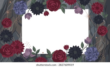 Elegant decorative floral border features dark red roses and blue hydrangeas surrounding a blank rectangular white space for custom text messages.