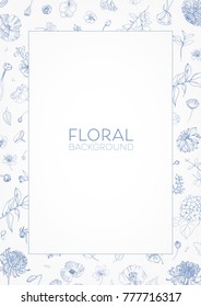 Elegant decorative floral frame or border with blooming garden flowers hand drawn with blue contour lines and place for text in center. Botanical vector illustration for greeting card, invitation.
